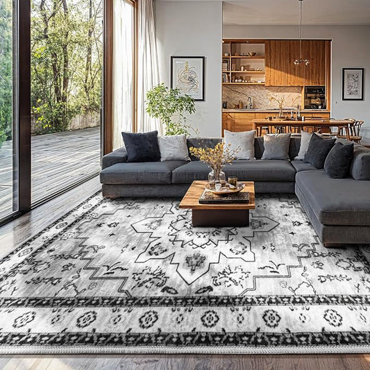 LBRO2M Machine Washable Rug Soft Pet Friendly Carpet 9X12 Gray | Persian Large Rug 9X12 for Living Room, Bedroom, Dining Room, Home Office, Non Slip Soft Carpet, Stain Resistant Rugs