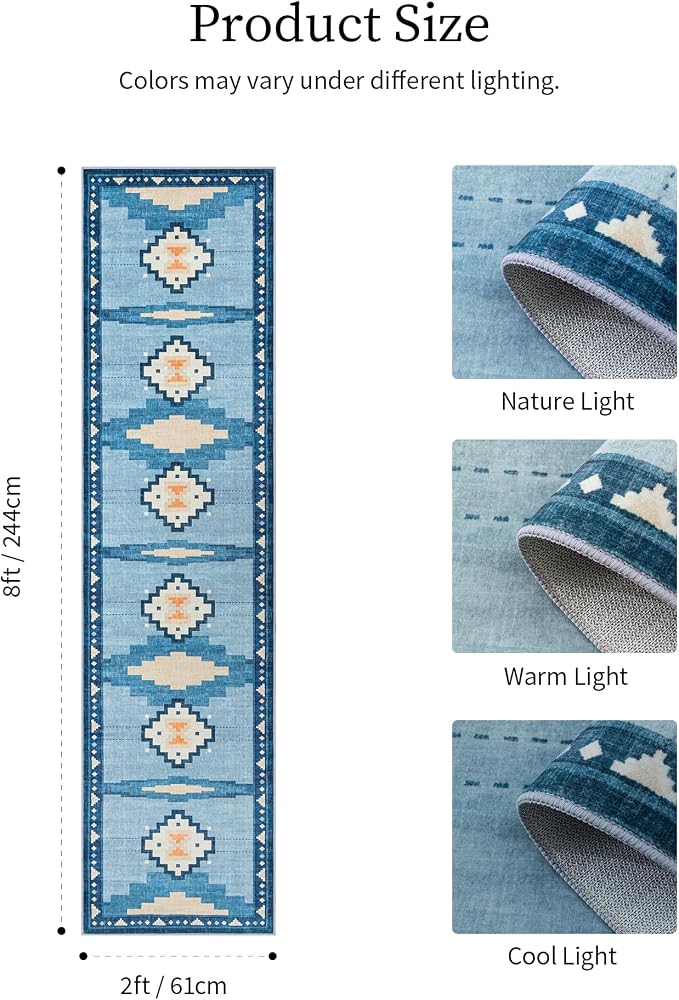 2'x8' Non-Slip Kitchen Runner Rug, Blue Geometric Mid Century Modern Rug | Washable, Low Pile, Soft, Coastal Aztec Design, for Entryway Hallway Bedroom, Stain Resistant, Pet Friendly, Low-Shed