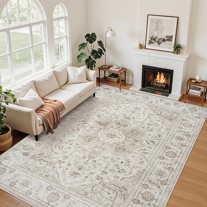 Washable 5x7 Area Rugs for Bedroom Beige White Non-Slip Rug | Vintage Medallion Rug，Soft Low Pile Large Rugs，Indoor Retro Carpet for Bedroom Nursery Dining Table Farmhouse Home Office