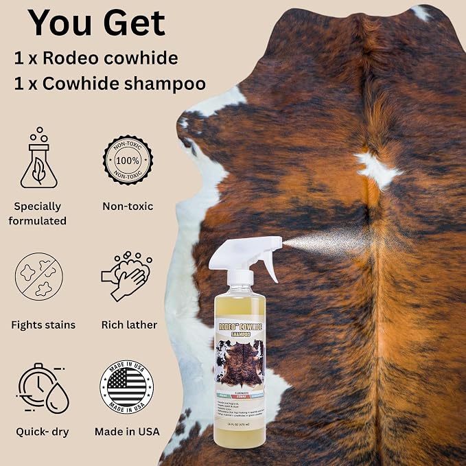rodeo Genuine Cowhide Rug + Cowhide Cleaner- Real Cow Hide Rug Large for Living Room & Bedroom - Western Rugs for a Natural Western Home Decor - Rustic Cow Print Carpet Decor - 6x7 ft, Brown Brindle