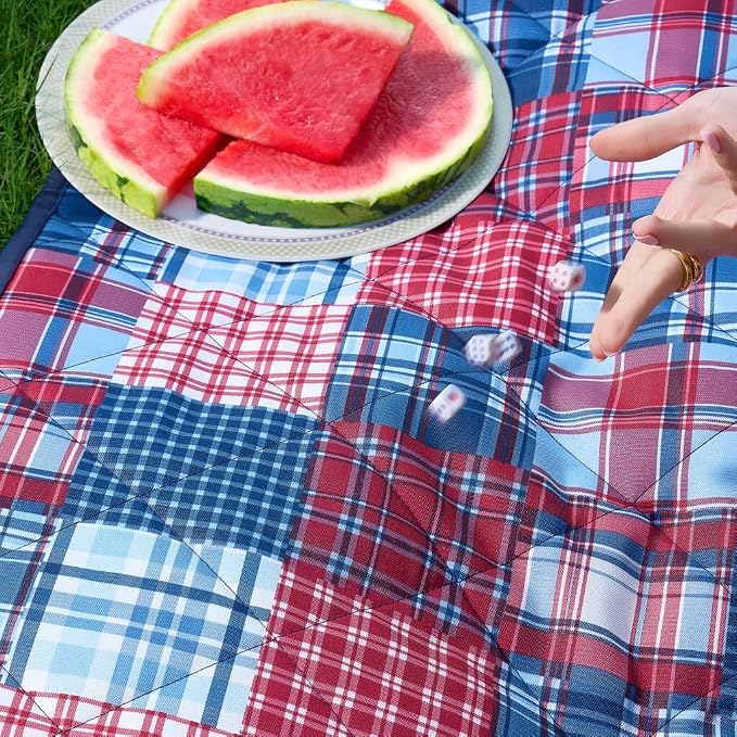 Weatherproof Vintage Waterproof Outdoor Blanket- Blue and Red Roll Up Throw Blanket with Handle, Velcro Closure - Camping Supplies, Travel Blanket for Beach, Picnic & Events, 60"x72" (Madras)