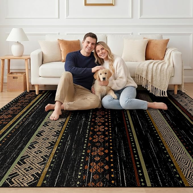 9x12 Washable Area Rugs for Living Room Boho Bedroom Rug Colorful/Black | Vacuum Friendly, Machine Washable, Non-Slip Rug, Stain Resistant, Moroccan Geometric, Low Pile Carpet, Dining Room Kitchen