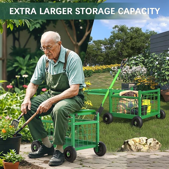 Garden Cart with Seat,3-in-1 Rolling Seat with Wheels for Seniors Gardening | Upgraded Heavy Duty Gardenning Cart with Seat, Supports up to 500 LBS for Seniors, Lawn, Patio & Backyard Gardening, Green
