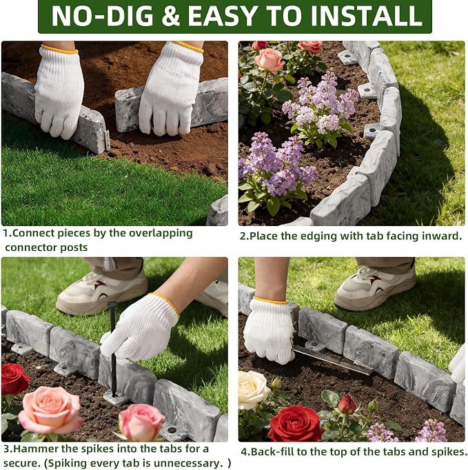 Landscape Edging Garden Edging Border Faux Stone Edging,91FT x 2.75 in Tall Decorative Stone-Look Garden Border for Flower Bed Edging,Yard Edging,Lawn Trees and Gardens,with Anchoring Spikes,Gray