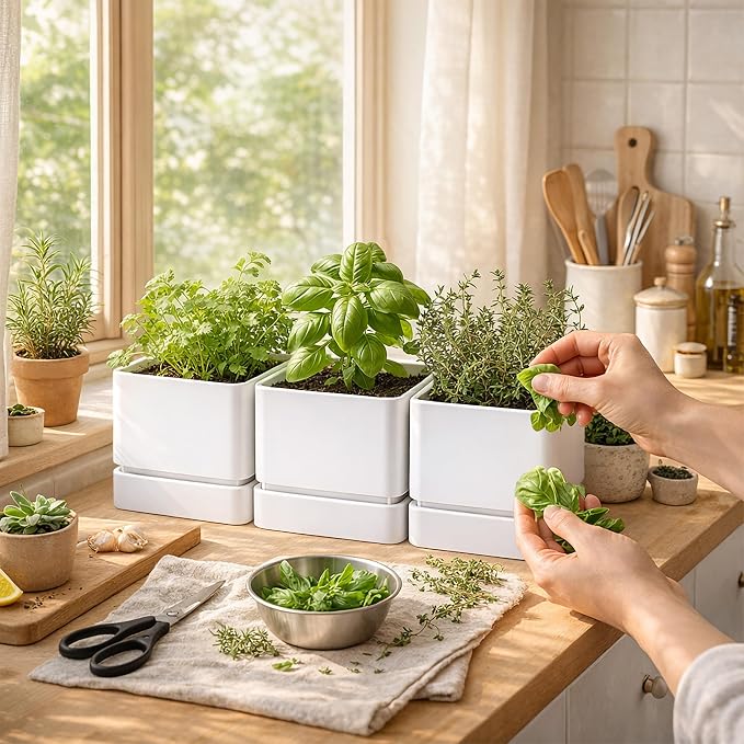 D'vine Dev 6 Inch Herb Planter Pot, Plastic Planter with Drainage Holes and Saucer, Modern Decorative Gardening Pot for Indoor Plants, Flowers, Herbs, Succulents, White, Set of 3, 76-Y-A3-2