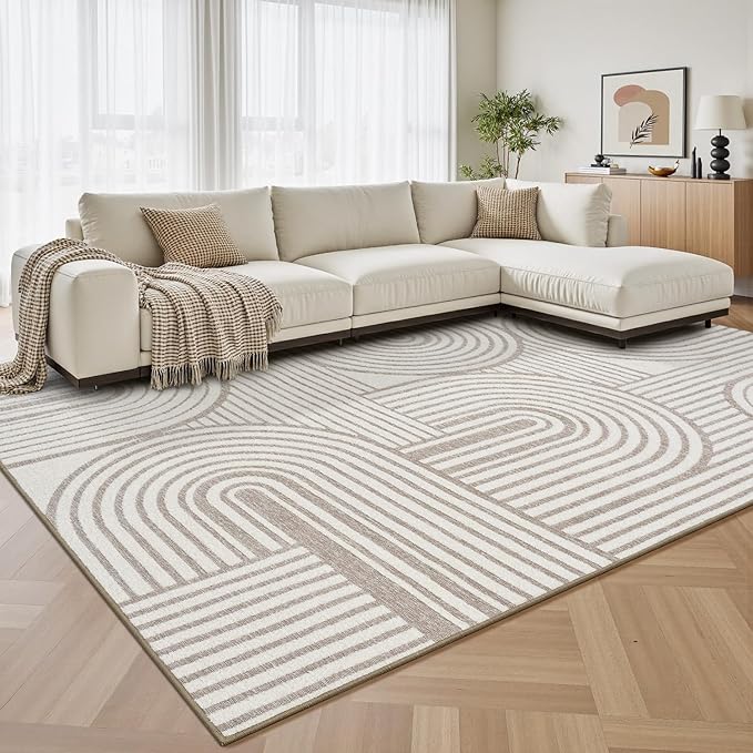 Beige Neutral 8x10 Area Rugs Textured Tufted Rugs for Living Room Bedroom Rug-Carpet Cream Ivory Washable Geometric Moroccan Modern Rug