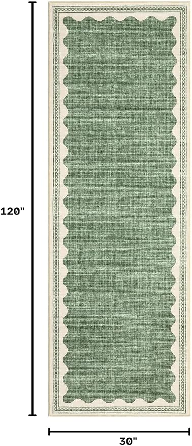 GarveeHome Scalloped Sage Green 2.5x10 Runner Rug for Hallway Washable Kitchen Rugs Non Slip Solid Modern Minimalism Soft Low-Pile Indoor Carpet for Entryway Laundry Room Floor Mats