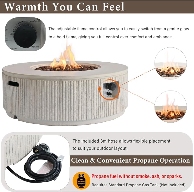 Merax 38.19'' MGO Propane Outdoor Fire Pit with Vertical Stripe Design, 50000 BTU Round Fire Pit Table with Steel Burner, Adjustable Flame Control, Lava Rocks & Rain Cover for Patio&Backyard, Beige