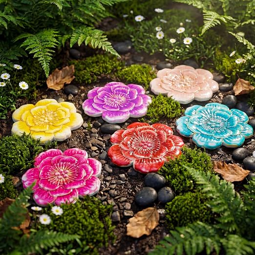 Landical 6 Pack Decorative Stepping Stones for Garden 10 Inch Cement Flower Stepping Stones Decoration for Patio Walkway Yard Outdoor(Camellia)