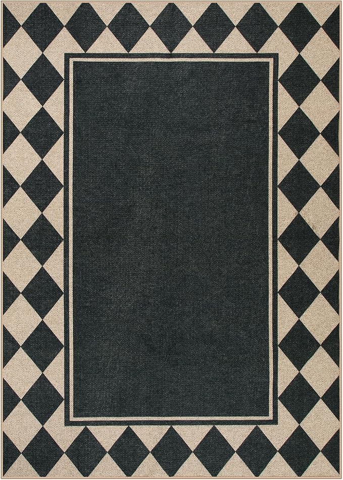 Moynesa Easy Jute Outdoor Rug 5x7 Area Rugs, Washable Checkered Rugs for Living Room Non Slip, Farmhouse Neutral Carpet for Backyard Dining Room Balcony, Black Grid Pattern
