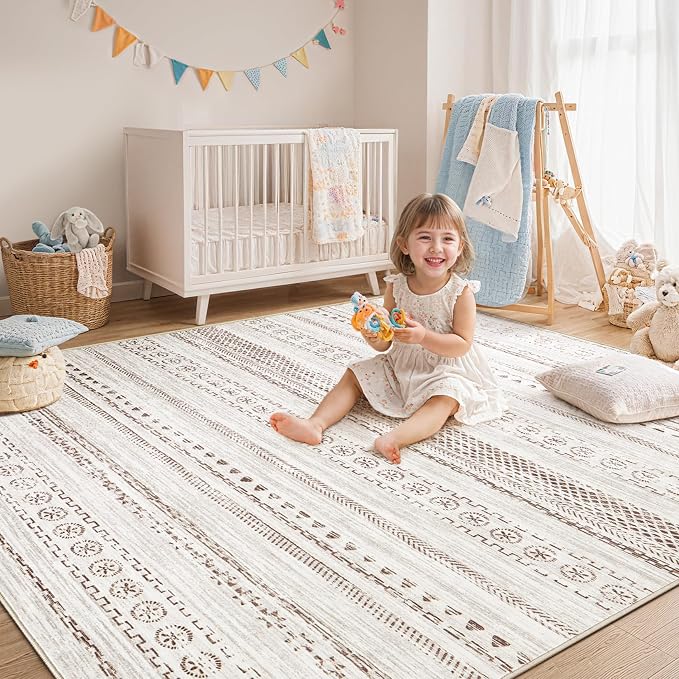kakania Washable 6x9 Area Rug for Living Room: Boho Geometry Home Decor | Soft Stain Resistant, Low-Pile, Non-Slip, Pet & Kid Friendly, Thin Rug for Bedroom/Dining Room/Kids Dorm - Brown
