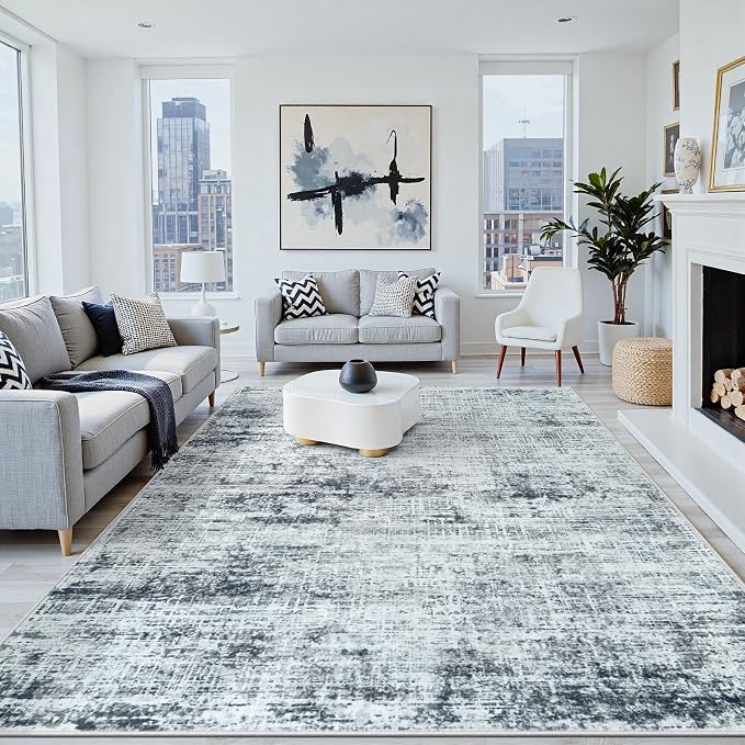 10x12 Washable Area Rug for Living Room Bedroom: Non-Slip Modern Black Grey | Machine Washable TPR Backing, Stain-Resistant Low Pile, Pet & Kid Friendly, Abstract Decor for Dining Room, Dorm, Home Office