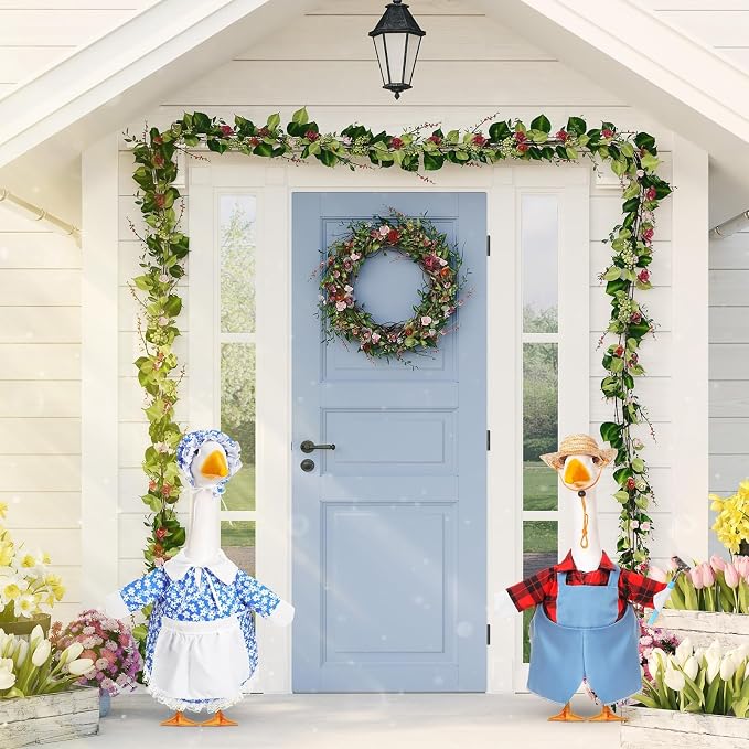 FuWeave 2 Set Porch Goose Outfit Spring Gardener Goose Clothes with Small Flower Pot for 23" Cement Outdoor Patio Yard Decor(Heart)