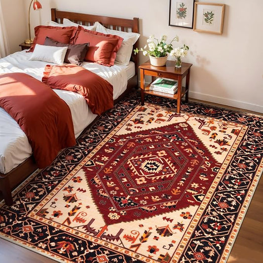 SERISSA 3x5 Washable Non Slip Boho Area Rug for Bedroom，Red Black | Ultra Soft Vintage Oriental Carpet Low-Pile Distressed Tribal Throw Rug Carpet for Living Room Nursery Kitchen Dorm Decor