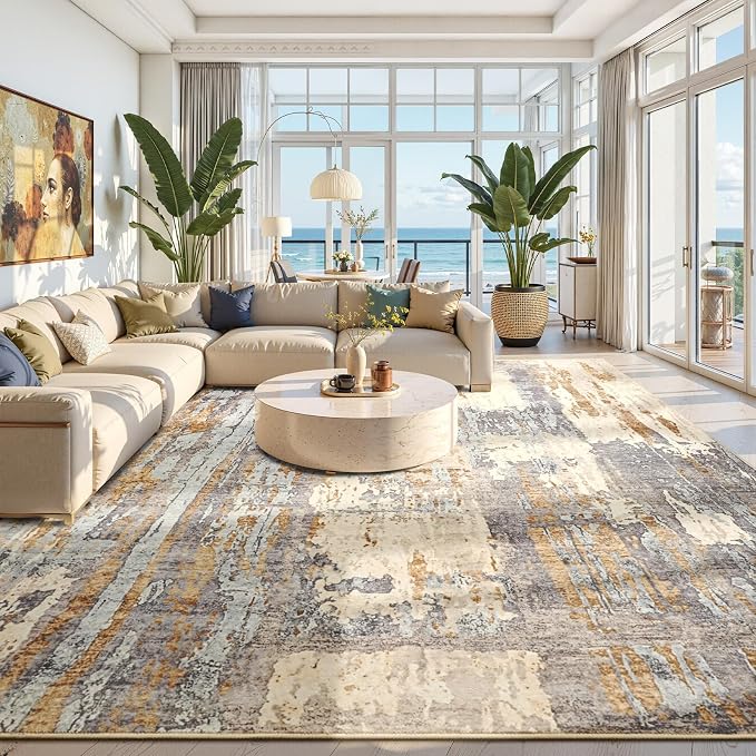 Toneed Washable 8x10 Camel Area Rug with Non-Slip Backing for Living Room | Abstract Modern Rugs, Soft Low Pile Carpet for Bedroom Kitchen Dining Room Nursery Indoor Floor Office Home Decor