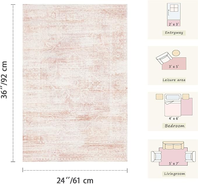 Latte&Fog Entryway Rug 2x3 Washable Non Slip Pink Area Rugs for Kitchen | Low Pile Soft Throw Rug Doormat for Entrance Bathroom Laundry Bedroom Nursery Playroom Hallyway Dorm Decor Office