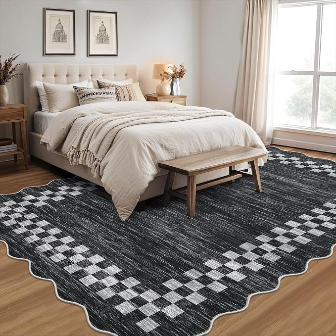 GarveeHome Small Bedroom Area Rug 3x5 Checkered Area Rug for Living Room | Nursery Non Slip Kitchen Throw Carpet Low Pile Modern Bordered Rugs Washable Brown Rugs for Laundry Entryway, Grey