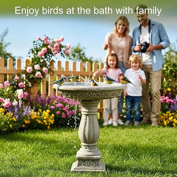SKYFIRE 23.8" Tall Pedestal Bird Bath for Outdoor, Antique Weathered Concrete Birdbath with Decorative Carving, Durable Freestanding Fiber-Reinforced Cement Bird Bath for Garden, Patio, Lawn, Backyard