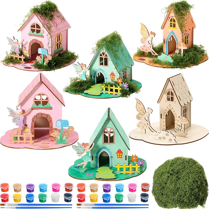 DoubleFill 6 Sets Wooden Fairy House DIY Kit Craft - DIY Fairy Garden with Paints & Decorations - Arts Crafts & Birthday Gift for Craft Activity Party Decor (Cute Tall)