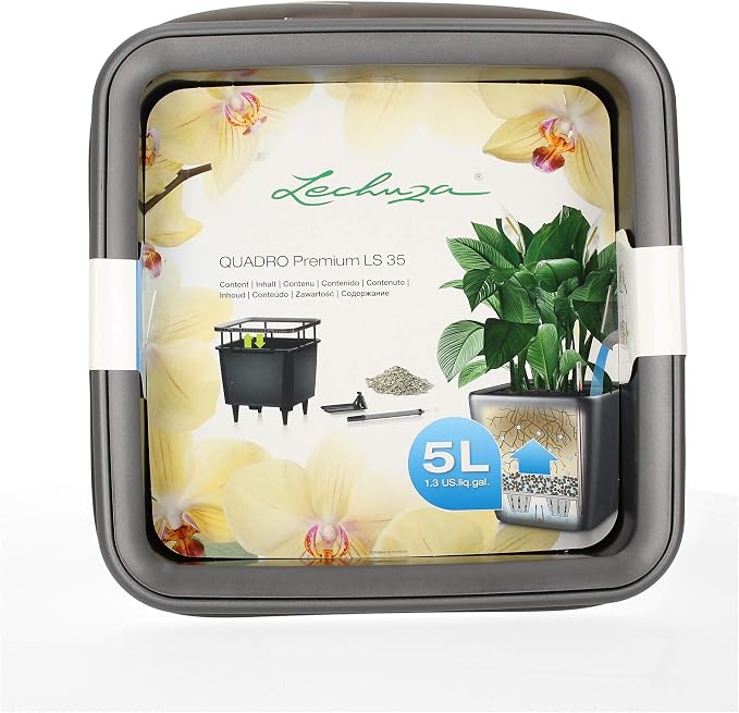 Lechuza Quadro LS 35 Charcoal Metallic, Self-Watering Square Planter, H13 L13.8 W13.8 in