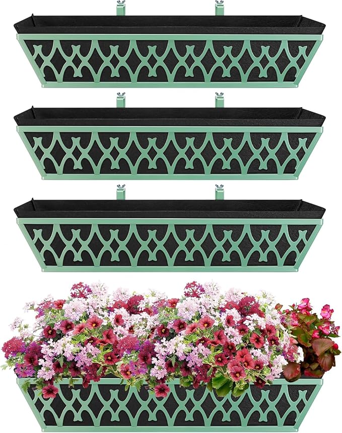 4 Pack 24 Inch Window Boxes Planters Railing Planter Box with Adjustable Brackets & Non-Woven Fabric Plant Grow Bags Deck Railing Planter Boxes Balcony Hanging Flower Box for Outdoor Plants