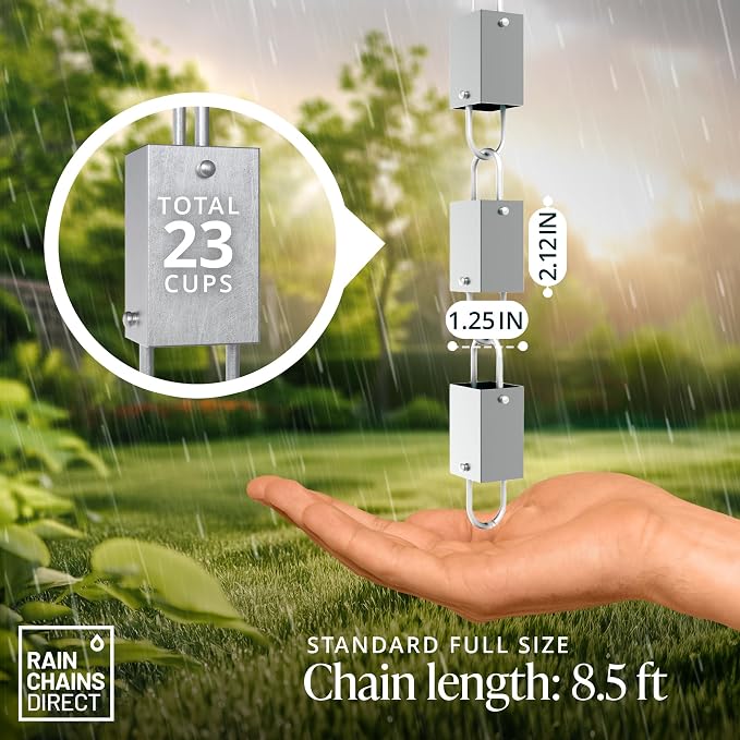 Rain Chains Direct - Square Link Rain Chain - 8.5 FT - Durable Milled Aluminum - Premium Rain Chains for Gutters