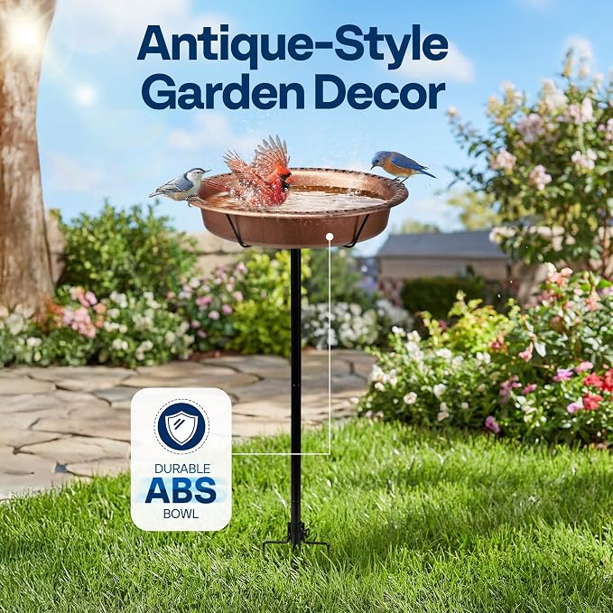 VIVOHOME Oval Bird Bath for Outside, Outdoor Birdbath Bowl with Metal Ground Stake, Weather-Resistant ABS Bird Bath and Feeder for Garden, 1.3 Gallons, Bronze