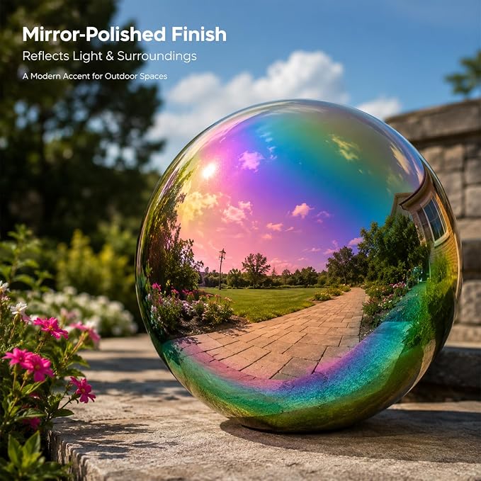 Gazing Ball Garden Mirror Outdoor - 8 Inch Outside Decorative Globe Rainbow | Metal Polished Reflective Sphere, Stainless Steel Hollow Decoration Ornament for Home Pond Swimming Pool Housewarming Gift
