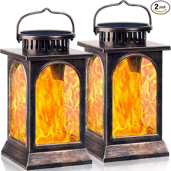 TomCare Solar Lights Flickering Flame Upgraded Metal Solar Lantern Outdoor Hanging Decorative Lanterns Heavy Duty Solar Powered Waterproof Outdoor Lighting for Patio Garden Christmas, 2 Pack (Bronze)