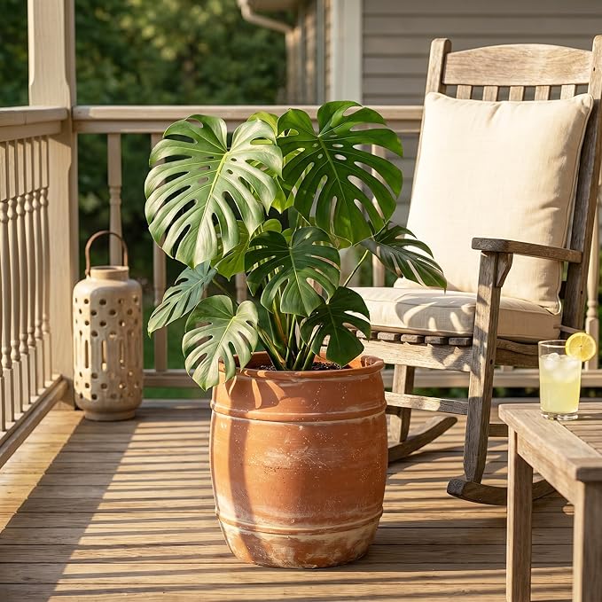 13"H x 12" Dia Aged Terracotta Planter Pot with Drainage Hole, Rustic Vintage Flower Pot for Indoor Outdoor Plants, Distressed Decorative Clay-Style Planter for Patio, Porch, Garden, Farmhouse Décor