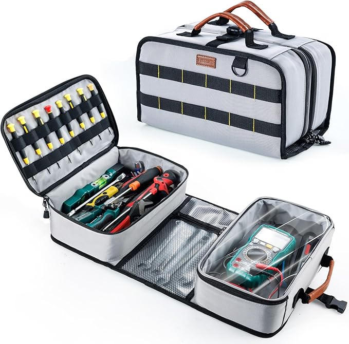 Heavy Duty Tool Bag Organizer with Clear Lid Compartments for Electrician, Portable Tool Organizer Case for Multimeter, Diagnostic & HVAC Repair Tools, Roll Up Tool Bag Organizer