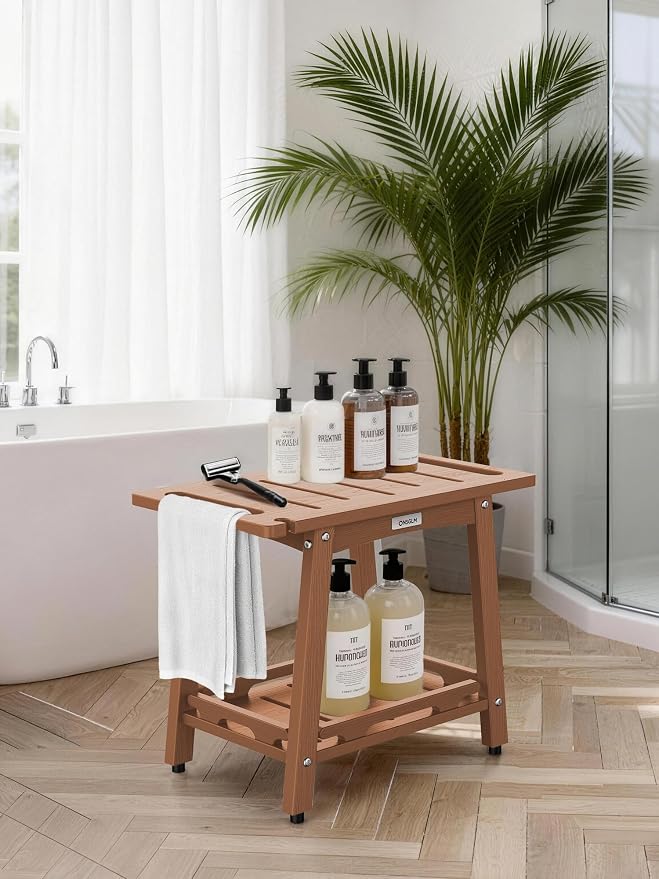 22" Large Shower Bench Seat, Non-Slip Shower Benches for Inside Shower to Sit on, HDPE Waterproof Shower Stool, Shower Chair with Adjustable Feet for Bathroom, Indoor/Outdoor Use, Teak