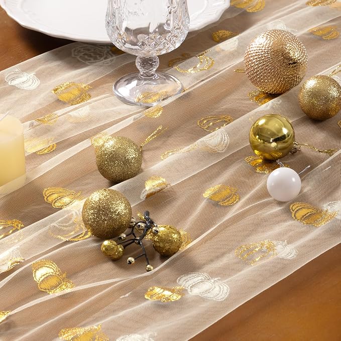 Socomi Gold Table Runner Fall Pumpkin Gauze Sheer Chiffon Cheesecloth Sequin 10FT Glitter Metallic Foil Dining Wedding Birthday Party Baby Shower Holiday Centerpiece Table Decor Beige