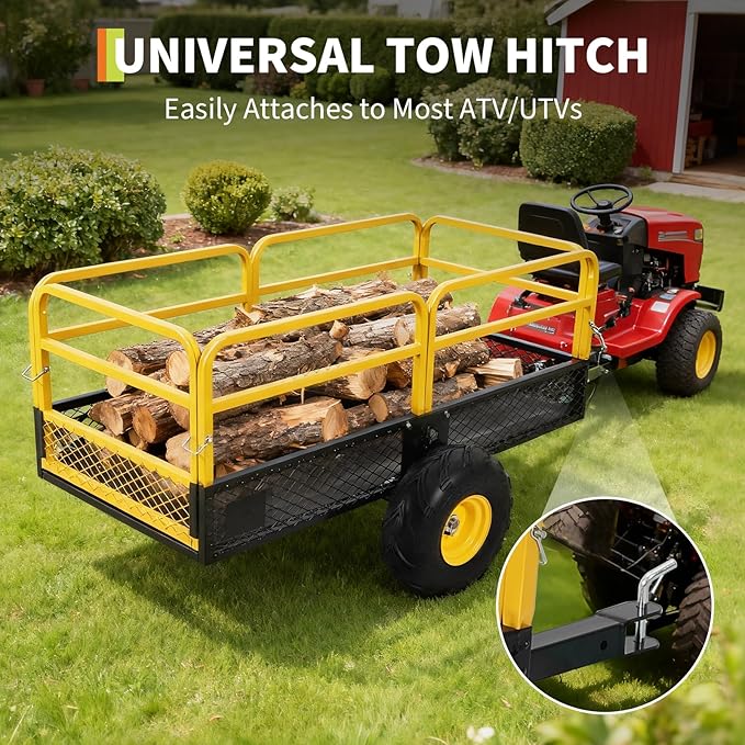 Garvee ATV UTV Trailer Tow Behind Dump Cart, Heavy Duty Yard Garden Trailer | 1500 lbs 20 Cubic Feet, Removable Sides & All Terrain Tires, ATV UTV Trailer For Lawn Mower Tractor, Yard Garden Use