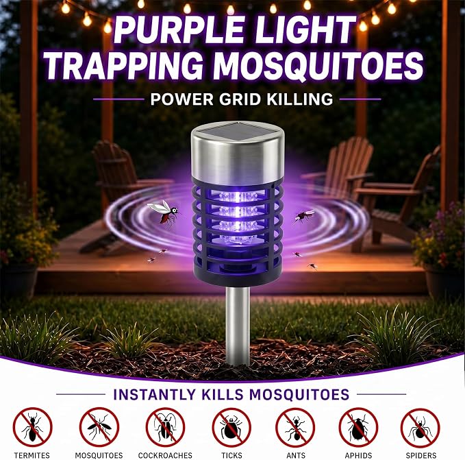 Solar Bug Zapper Outdoor Waterproof Mosquito Repellent Outdoor Patio Mosquito Trap & Killer for Backyard, Farm, Garden, 2026 Solar Powered Fly Zapper for Small Flying Insect, Gnats, Flies, Moths(4)