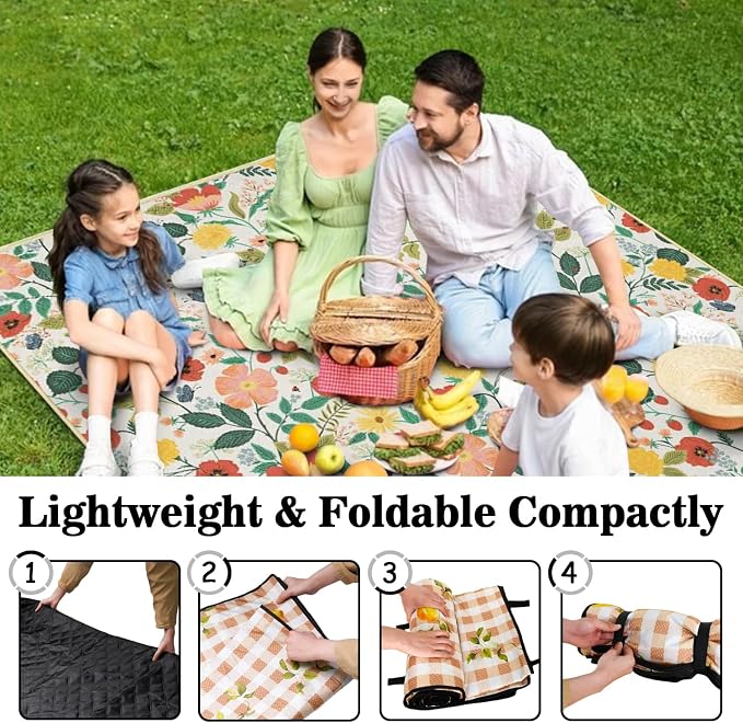 Picnic Blankets Waterproof Foldable Extra Large,80"x 80" Outdoor Beach Blanket Sandproof,3-Layer Lightweight Handy Mat Tote Picnic Camping Rugs for Outside Your Rv (Strawberry Floral Botanical Poppy)