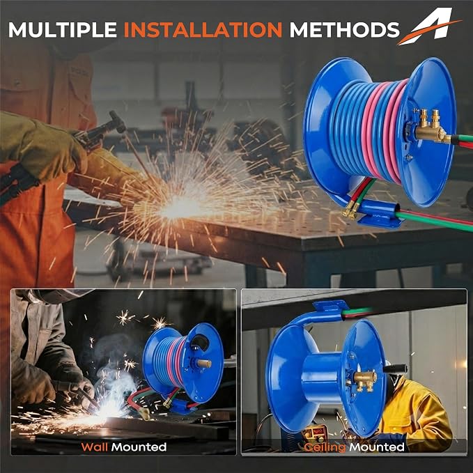 Blue Manual Twin Welding Hose Reel - Holds 100 ft of 3/8" or 1/4" Gas Hose, Universal Mounting Bracket for Wall, Ceiling or Cart (Hose Not Included)