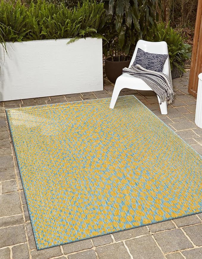 Unique Loom Jill Zarin Jill Zarin Outdoor Collection Area Rug - Cape Town (7' 1" x 10' Rectangle, Yellow and Aqua/Light Blue)