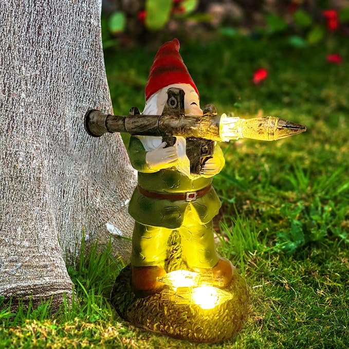 Solar Military Garden Gnome Statue with RPG, Large War Army Combat Defender Soldier Patriotic Gnome Figurine with Gun, Outdoor Patio Yard Lawn Home Ornament Decor, Valentine's Day Men Gift