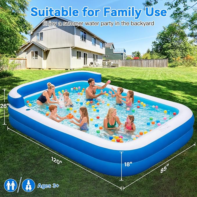 Extra Large Inflatable Pool with Seats Pump, 120"x85"x26" Blow Up Pool Thickened Heavy Duty Family Full-Sized Swimming Pool for Adults, Inflatable Pools for Backyard Garden Summer Water Party