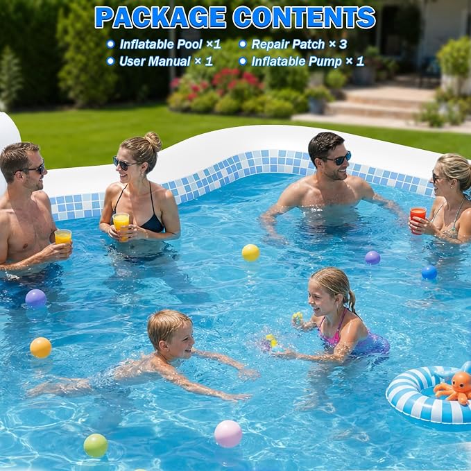 Extra Large Inflatable Pool with Pump, 121" X 90" X 22" Full-Sized Blow Up Pool with Seats for Adults, Family Inflatable Swimming Pool for Summer Water Party Backyard Garden Lawn