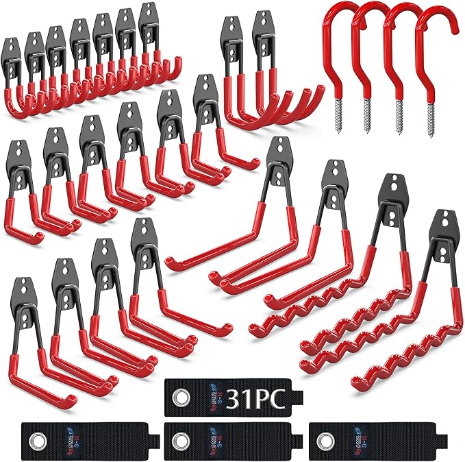 3-H Heavy Duty Garage Hooks, 31 Pack Wall Storage Organizer,Red