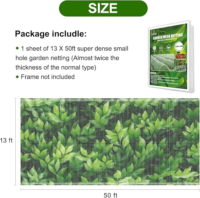 Garden Netting, Jevrench Durable Ultra Fine Garden Netting, Garden Plant Cover Row Cover Makes Plants, Vegetables, Fruits, and Flowers Grow Better (13ft x 50ft)