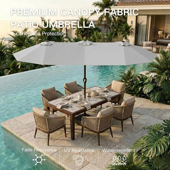 Kingdura 13ft Large Patio Umbrella with Base Included, Double-Sided Rectangle Outdoor Table Umbrella with 12 Reinforced Ribs, Crank Lift for Market Pool Deck Backyard, Light grey