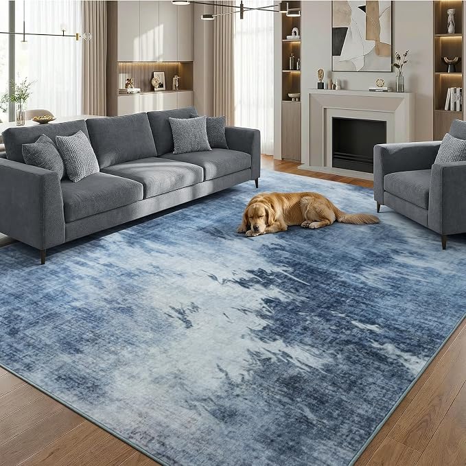6x9 Modern Faded Gradient Abstract Washable Area Rug for Living Room | Soft Non-Slip Low Pile Bedroom Carpet, Stain Resistant Indoor Rugs for Mid-Century, Farmhouse, Coastal Home Decor, Blue