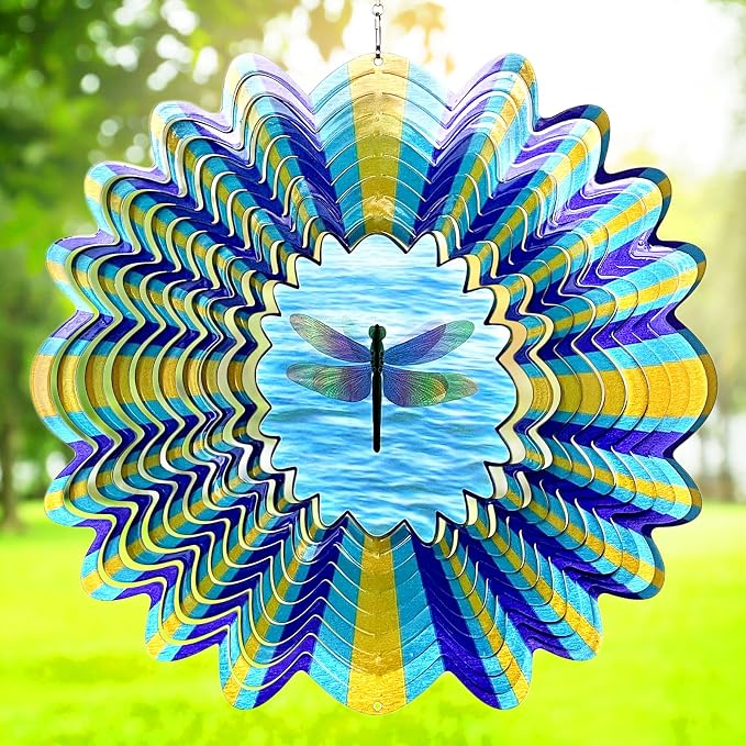 Animated Dragonfly Wind Spinner, 12inch Kinetic Metal Garden Decor | Creates Dragonfly Animation Effect. 3D Hanging Sculpture, Yard Art Patio Ornament, Outdoor Décor, Creative Gift for Women Men