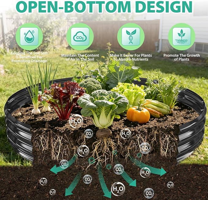 YSEJOMP 6FT Diameter Galvanized Garden Raised Bed/Plant Box/Fire Pit Ring-0.8mm Thick,12 Inch Tall,Crimped Edge and Corner,No Sharpe,Perfect for Plantings (Black, 72 Dia X 12 inches)