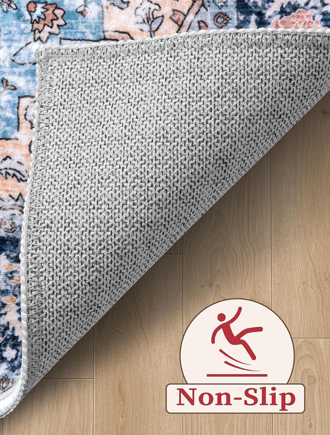 SERISSA 2'6"x12' Washable Non Slip Boho Runner Rug for Hallway，Blue Orange | Ultra Soft Vintage Oriental Carpet Low-Pile Tribal Floor Carpet for Kitchen Bedroom Entryway Bathroom Laundry Room