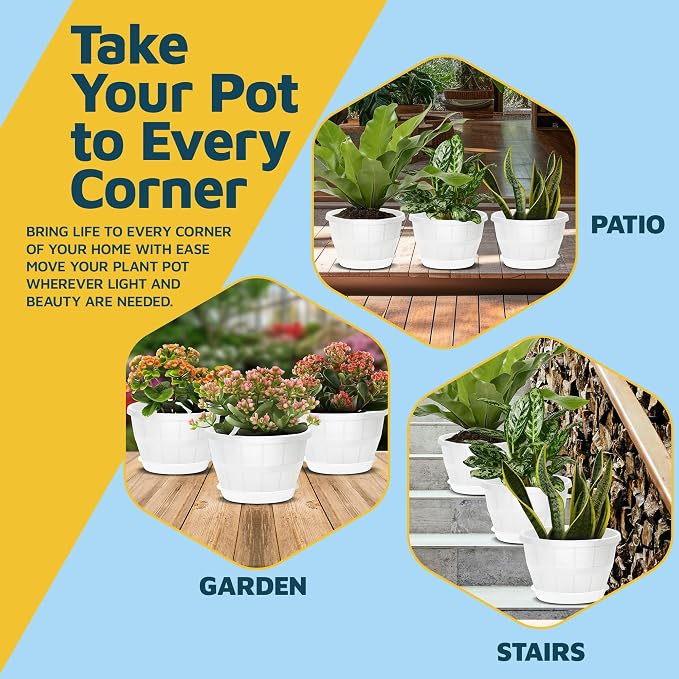 10-Inch Whiskey Barrel Planters Outdoor Pack of 5 - Durable Plastic Plant Pots for Indoor & Outdoor Use with Drainage & Saucer, Lightweight Rustic Barrel Planters for Flowers, Herbs & Small Plants