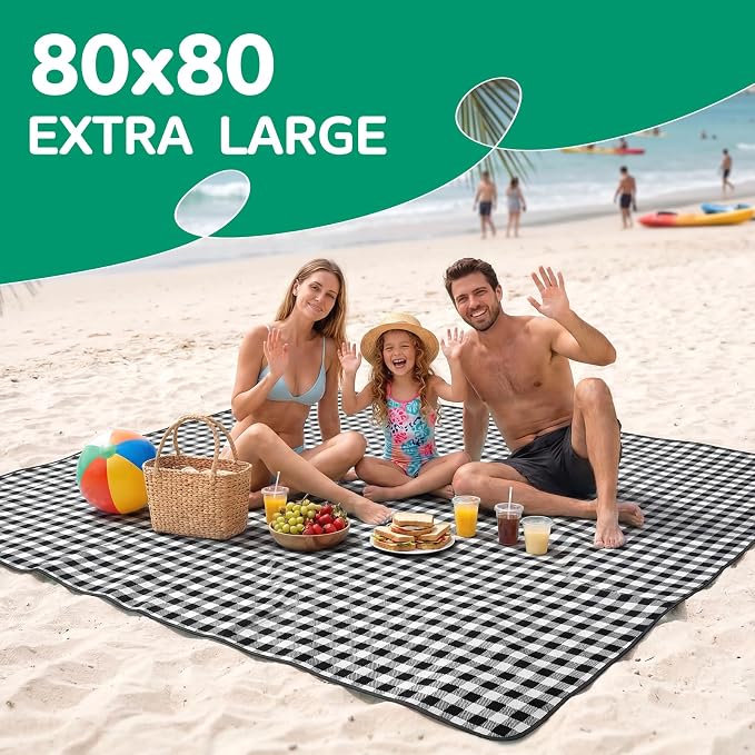 RYCHIC Waterproof Beach Blanket Picnic Camping Mat Rug Extra Large Portable Umbrella Wagon Folding Pop Tent Sun Shelter Shade Canopy Ball Cart Anchor Fan Mesh Rubber Bag Tote Toallas Manta de Playa